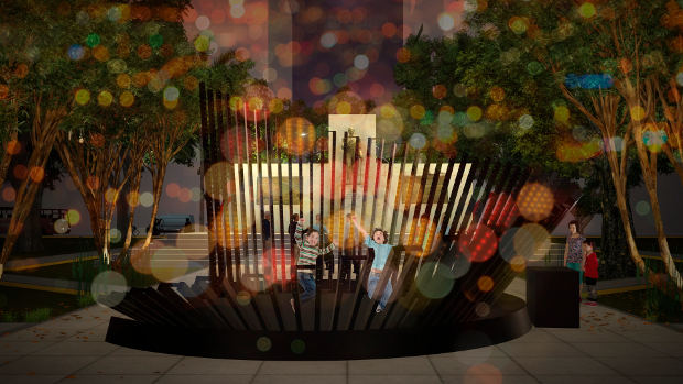 Pixel Flow La diseñadora de iluminación Claudia Paz se hace eco en su última instalación para la Municipalidad de San Isidro de la necesidad de integrar su obra al espacio público y brindar un momento mágico dentro de un entorno urbano